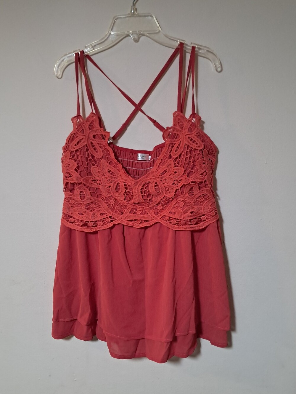 Women’s Y2K Crochet Lace Bodice Spaghetti Strap Tank Top Flowy Chiffon Coral XL